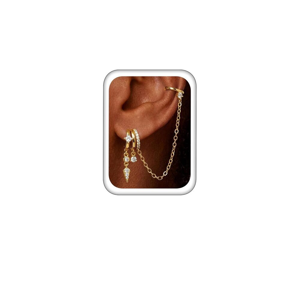 Triple Huggie Stacked Earrings for Women Gold Chain Drop Dangle Earrings